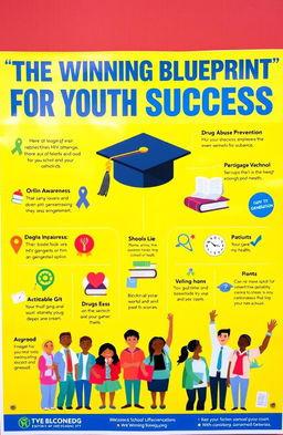 A bright and engaging educational poster titled 'The Winning Blueprint for Youth Success' featuring a vibrant yellow background
