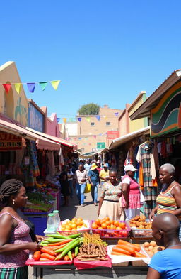 A vibrant scene of South African township shops, showcasing colorful market stalls filled with fresh produce, handmade crafts, and clothing