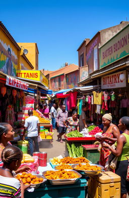 A vibrant scene of South African township shops, showcasing colorful market stalls filled with fresh produce, handmade crafts, and clothing