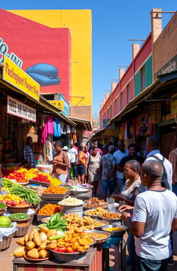 A vibrant scene of South African township shops, showcasing colorful market stalls filled with fresh produce, handmade crafts, and clothing