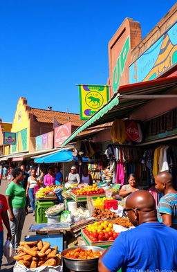 A vibrant scene of South African township shops, showcasing colorful market stalls filled with fresh produce, handmade crafts, and clothing