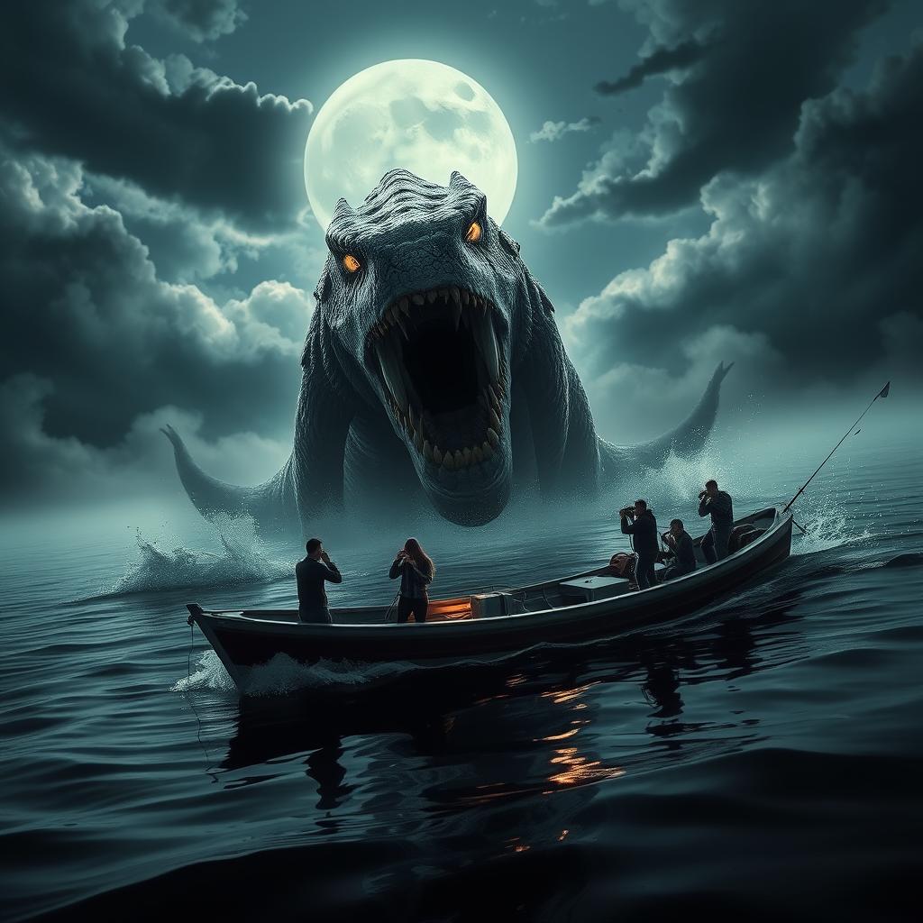 An intense scene depicting a terrifying lake monster emerging from the depths of a dark, murky lake, captured by civilians on a small ship