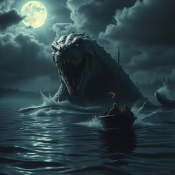 An intense scene depicting a terrifying lake monster emerging from the depths of a dark, murky lake, captured by civilians on a small ship