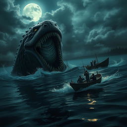 An intense scene depicting a terrifying lake monster emerging from the depths of a dark, murky lake, captured by civilians on a small ship