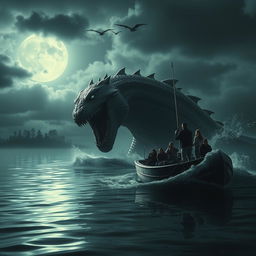 An intense scene depicting a terrifying lake monster emerging from the depths of a dark, murky lake, captured by civilians on a small ship