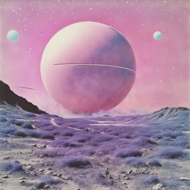 A vintage 60s lo-fi album cover featuring a pastel cosmic space scene with a large pink planet, twinkling stars, and a blue spaceship heading towards the planet. The image appears scratched and worn.