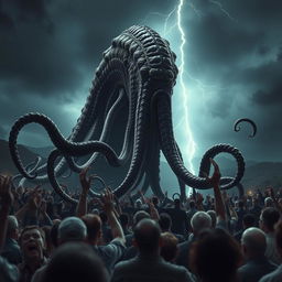 A dramatic scene showcasing a terrifying, otherworldly monster with long, sinuous tentacles emerging from the shadows