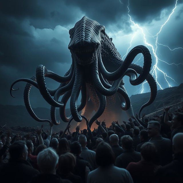 A dramatic scene showcasing a terrifying, otherworldly monster with long, sinuous tentacles emerging from the shadows