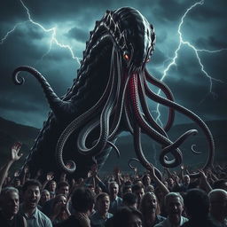 A dramatic scene showcasing a terrifying, otherworldly monster with long, sinuous tentacles emerging from the shadows
