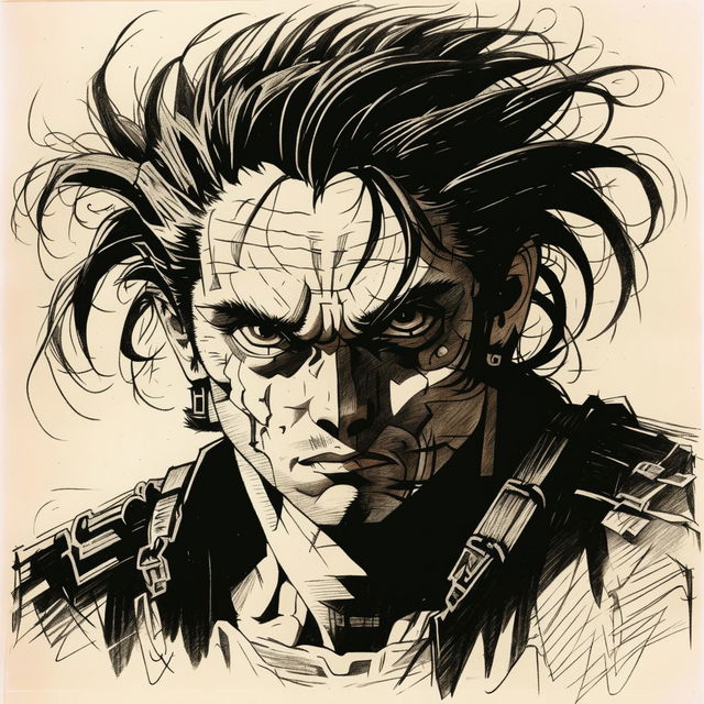 A weary warrior from the 90s anime Berserk, depicted in a detailed pencil sketch headshot with cross-hatching technique.