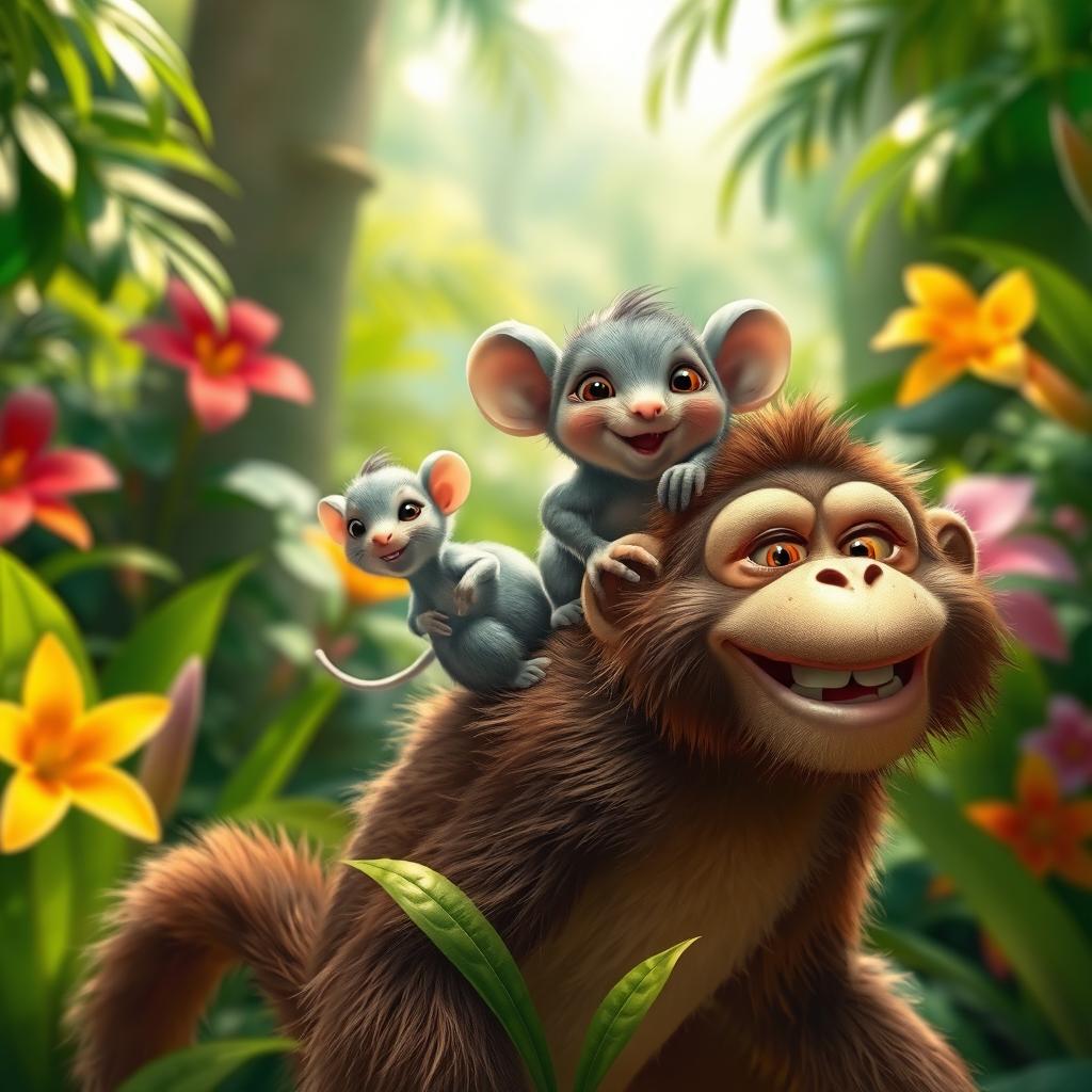 A whimsical scene in a vibrant jungle where a tiny little mouse with soft grey fur and large expressive eyes is joyfully riding on the back of a playful monkey