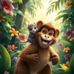 A whimsical scene in a vibrant jungle where a tiny little mouse with soft grey fur and large expressive eyes is joyfully riding on the back of a playful monkey