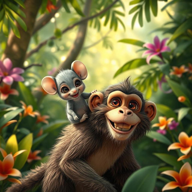 A whimsical scene in a vibrant jungle where a tiny little mouse with soft grey fur and large expressive eyes is joyfully riding on the back of a playful monkey