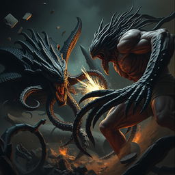 An intense action scene depicting a fearsome monster with long, twisting tentacles engaged in a fierce battle with a powerful predator