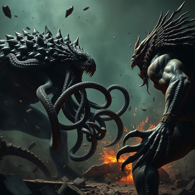 An intense action scene depicting a fearsome monster with long, twisting tentacles engaged in a fierce battle with a powerful predator