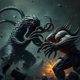 An intense action scene depicting a fearsome monster with long, twisting tentacles engaged in a fierce battle with a powerful predator