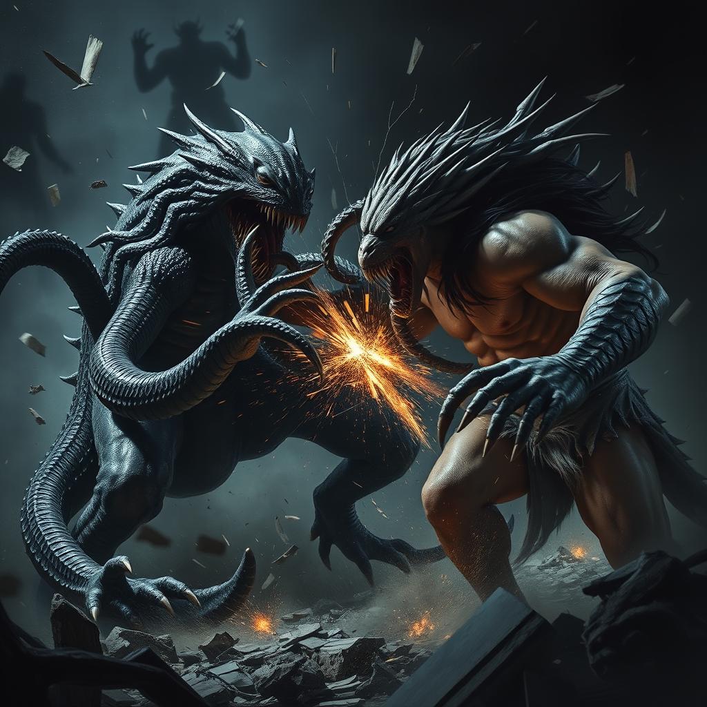 An intense action scene depicting a fearsome monster with long, twisting tentacles engaged in a fierce battle with a powerful predator