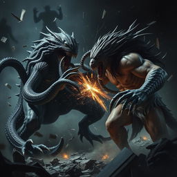 An intense action scene depicting a fearsome monster with long, twisting tentacles engaged in a fierce battle with a powerful predator