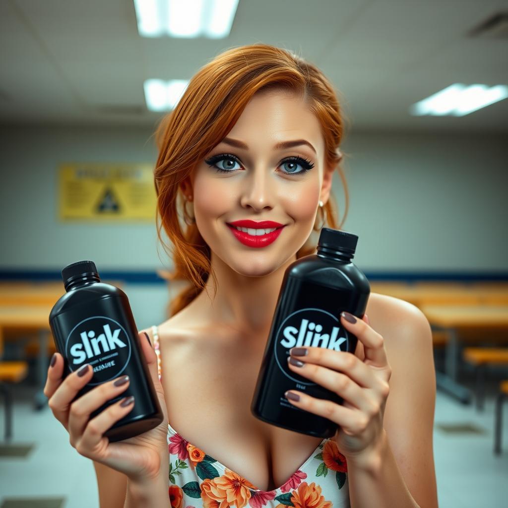 A close-up shot of a stunning redheaded female in a floral pattern sundress, emphasizing her large chest and subtle cleavage