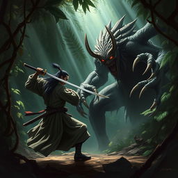 An action-packed scene depicting a skilled samurai in traditional armor wielding a katana, courageously facing off against a terrifying monster in a dense, lush jungle