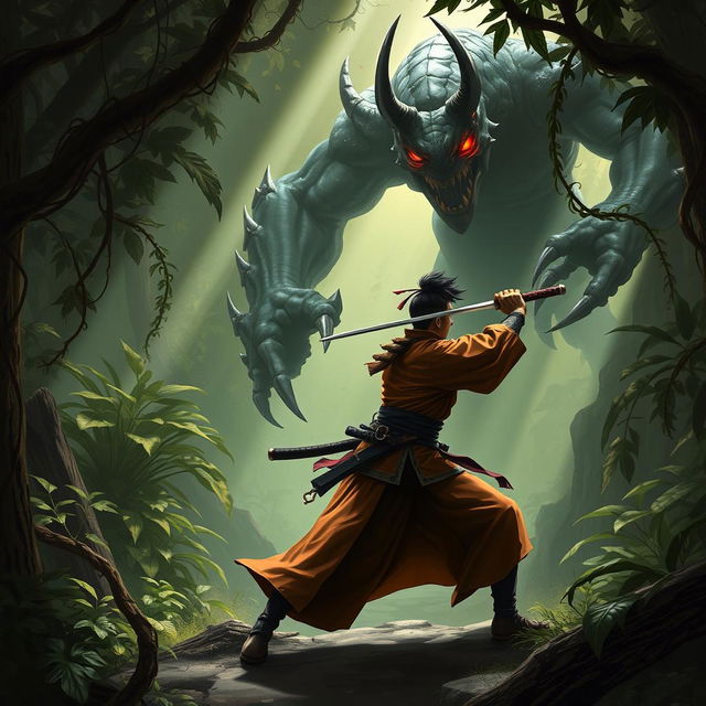 An action-packed scene depicting a skilled samurai in traditional armor wielding a katana, courageously facing off against a terrifying monster in a dense, lush jungle