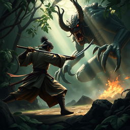 An action-packed scene depicting a skilled samurai in traditional armor wielding a katana, courageously facing off against a terrifying monster in a dense, lush jungle