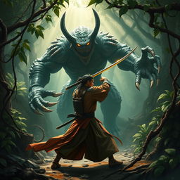 An action-packed scene depicting a skilled samurai in traditional armor wielding a katana, courageously facing off against a terrifying monster in a dense, lush jungle