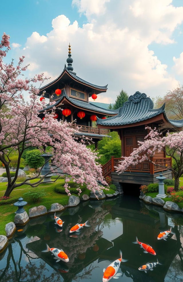 A serene landscape featuring traditional Asian architecture, such as a wooden pagoda with intricate carvings and bright red lanterns