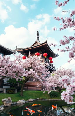 A serene landscape featuring traditional Asian architecture, such as a wooden pagoda with intricate carvings and bright red lanterns
