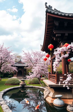 A serene landscape featuring traditional Asian architecture, such as a wooden pagoda with intricate carvings and bright red lanterns