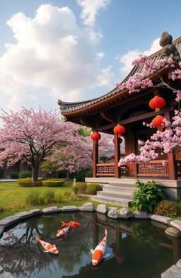 A serene landscape featuring traditional Asian architecture, such as a wooden pagoda with intricate carvings and bright red lanterns