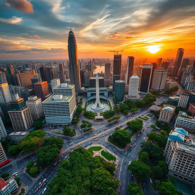 A stunning aerial view of Jakarta, the capital city of Indonesia, showcasing its vibrant urban landscape