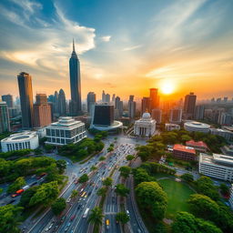 A stunning aerial view of Jakarta, the capital city of Indonesia, showcasing its vibrant urban landscape