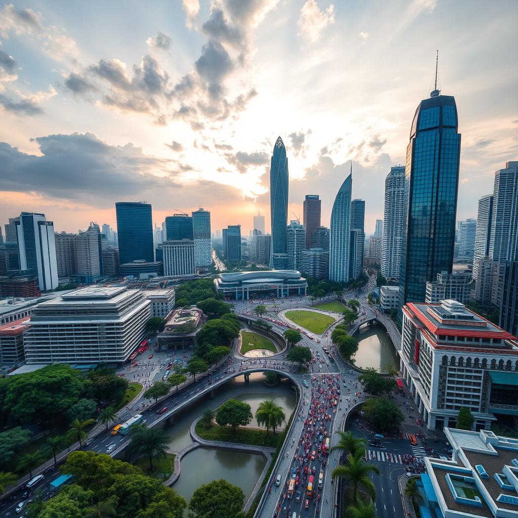 A stunning aerial view of Jakarta, the capital city of Indonesia, showcasing its vibrant urban landscape