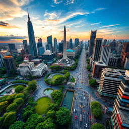 A stunning aerial view of Jakarta, the capital city of Indonesia, showcasing its vibrant urban landscape