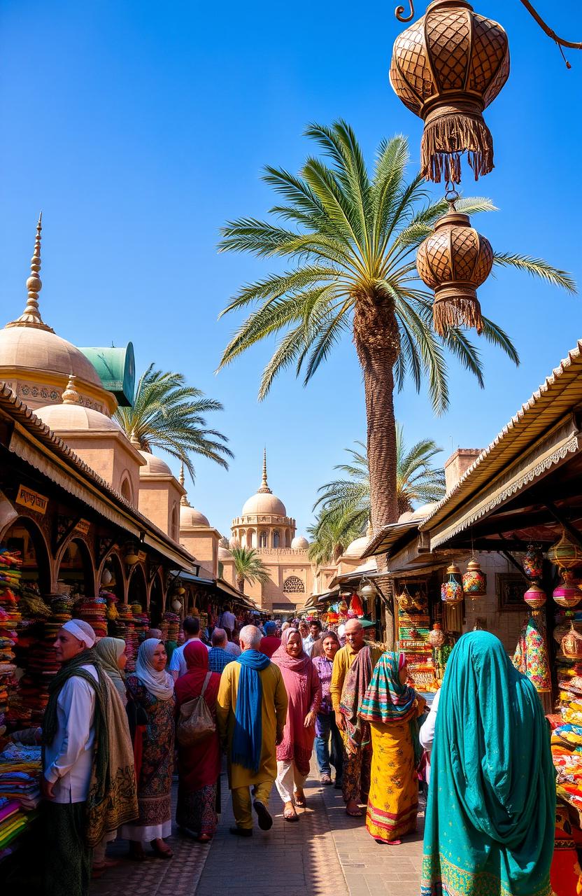 A vibrant traditional South West Asian scene showcasing a bustling market filled with colorful textiles, spices, and handcrafted goods