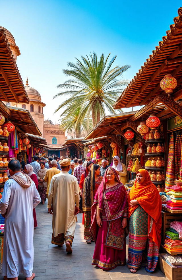 A vibrant traditional South West Asian scene showcasing a bustling market filled with colorful textiles, spices, and handcrafted goods