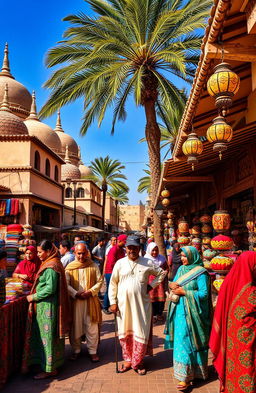 A vibrant traditional South West Asian scene showcasing a bustling market filled with colorful textiles, spices, and handcrafted goods