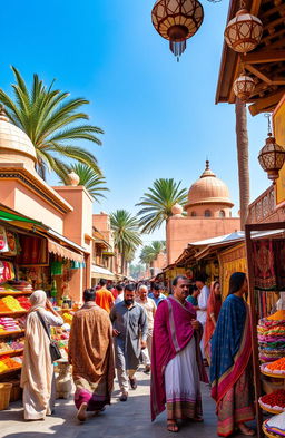 A vibrant traditional South West Asian scene showcasing a bustling market filled with colorful textiles, spices, and handcrafted goods