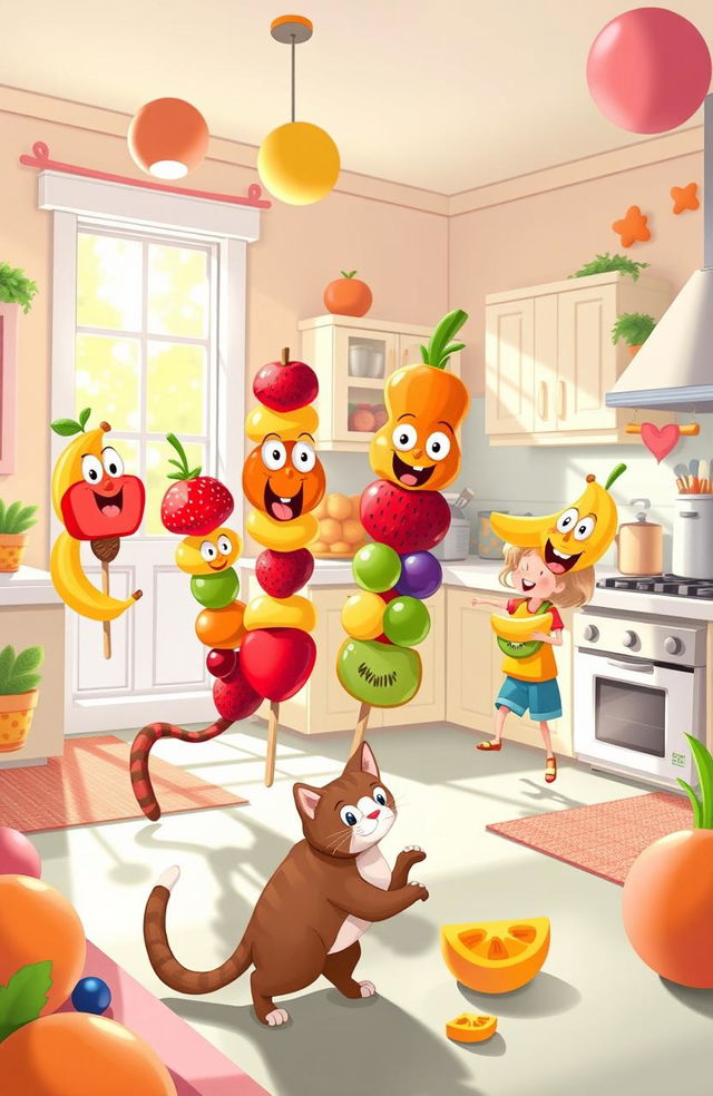 A whimsical cartoon scene depicting a group of playful, colorful fruit kabobs coming to life in a vibrant kitchen