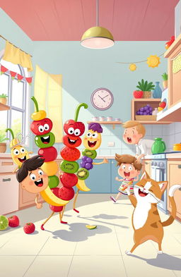 A whimsical cartoon scene depicting a group of playful, colorful fruit kabobs coming to life in a vibrant kitchen