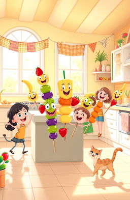 A whimsical cartoon scene depicting a group of playful, colorful fruit kabobs coming to life in a vibrant kitchen