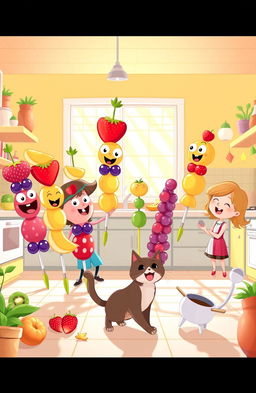 A whimsical cartoon scene depicting a group of playful, colorful fruit kabobs coming to life in a vibrant kitchen