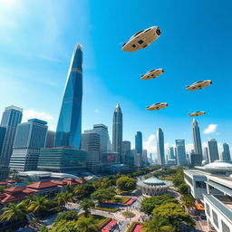 A futuristic vision of Jakarta, the capital city of Indonesia, transformed into a modern metropolis featuring flying cars soaring through a bright blue sky