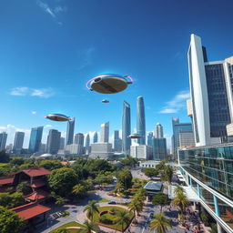 A futuristic vision of Jakarta, the capital city of Indonesia, transformed into a modern metropolis featuring flying cars soaring through a bright blue sky