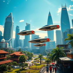 A futuristic vision of Jakarta, the capital city of Indonesia, transformed into a modern metropolis featuring flying cars soaring through a bright blue sky
