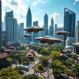 A futuristic vision of Jakarta, the capital city of Indonesia, transformed into a modern metropolis featuring flying cars soaring through a bright blue sky