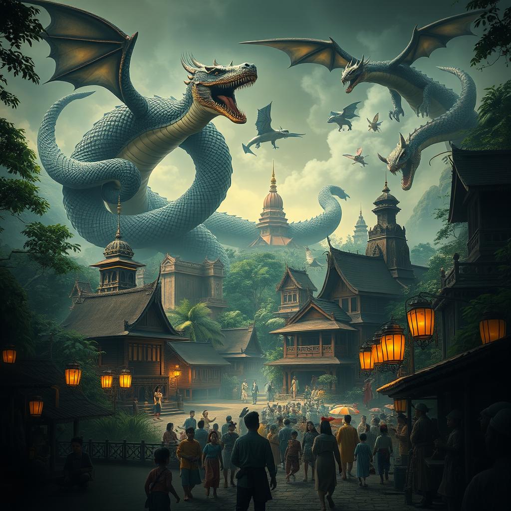 An imaginative depiction of Jakarta in ancient times, set in a mystical atmosphere filled with various fantasy monsters