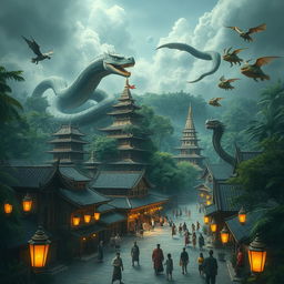 An imaginative depiction of Jakarta in ancient times, set in a mystical atmosphere filled with various fantasy monsters
