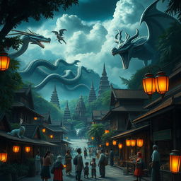 An imaginative depiction of Jakarta in ancient times, set in a mystical atmosphere filled with various fantasy monsters